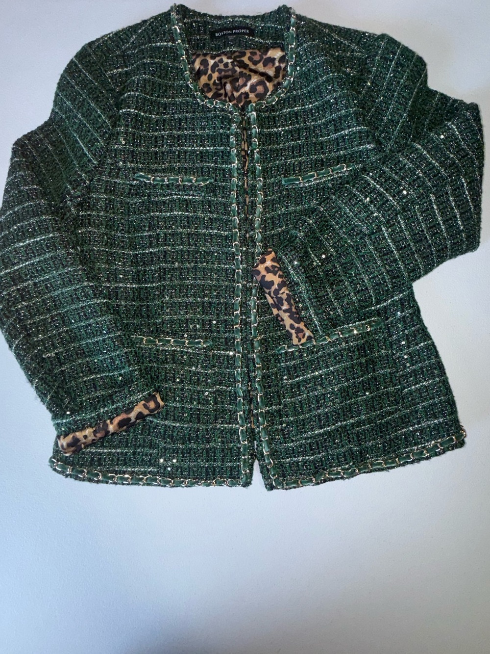 Boston Proper Size 10 Emerald Green Tweed Chain Detail Sequin Jacket Blazer - Picture 2 of 15